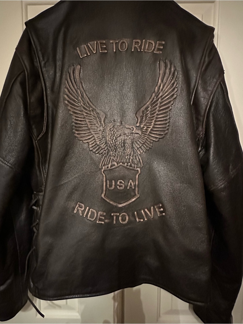 Live to Ride Brown Leather Motorcycle Jacket - USA Eagle Embossed